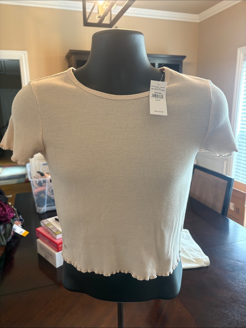 American Eagle Outfitters Cream Ribbed Lettuce-Edge Crop Top